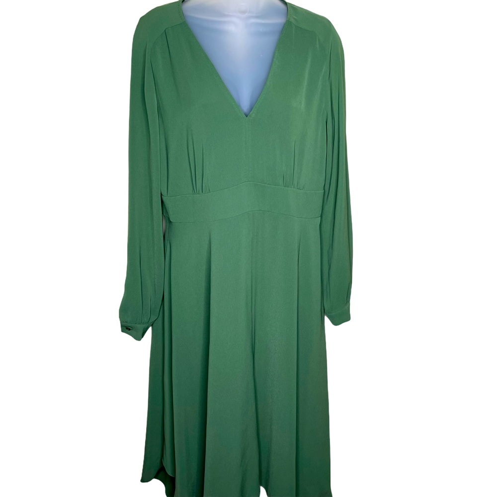 MaxMara Green Midi Dress Long Sleeve V Neck Sz 12